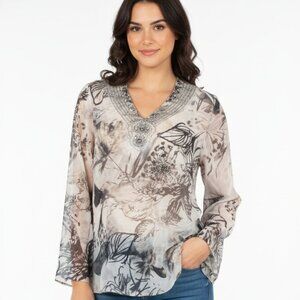 Chico's Sz 1/M Sheer Sleeve V-Neck Blouse Multi Color Tropical Leaf Print Beaded